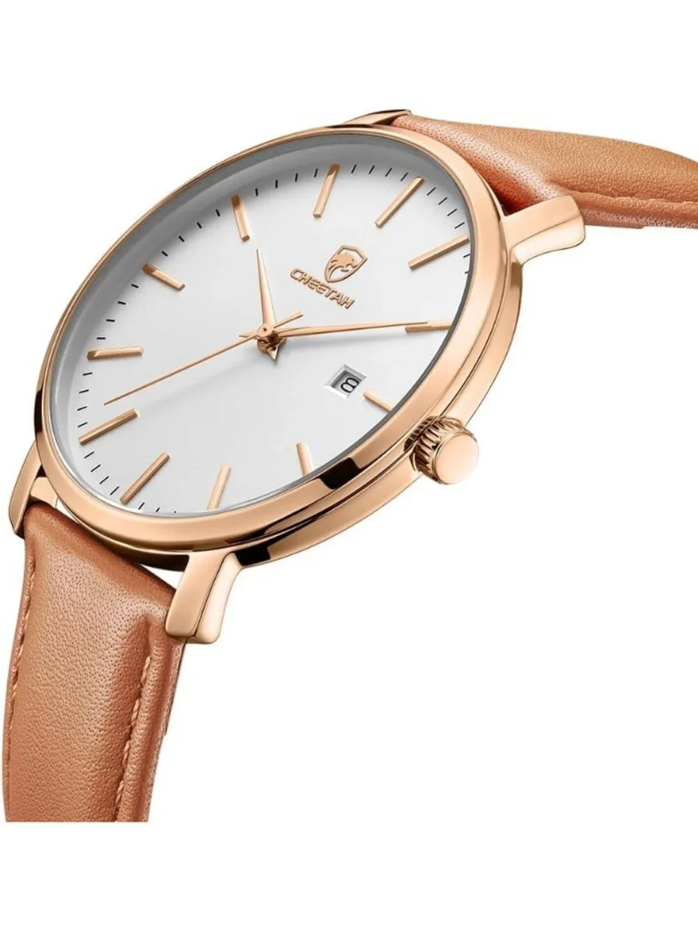 Men's Brown /Gold/White Leather Strap Minimalist Waterproof Quartz Wrist Watch